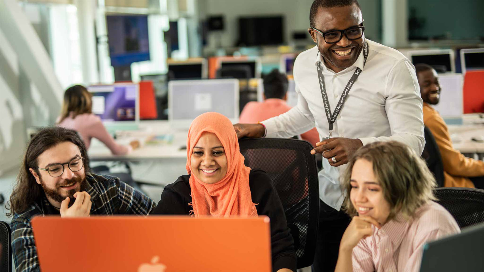 Illustration students and teacher smiling in computer lab