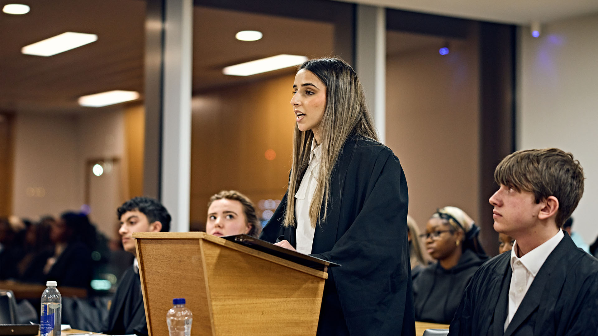 Student speaking at mooting competition