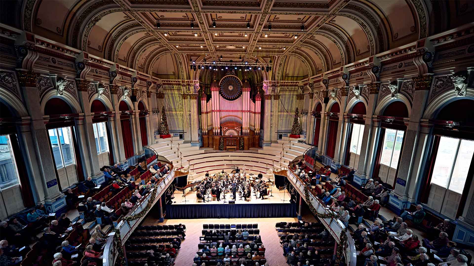Huddersfield Town Hall stage and seating
