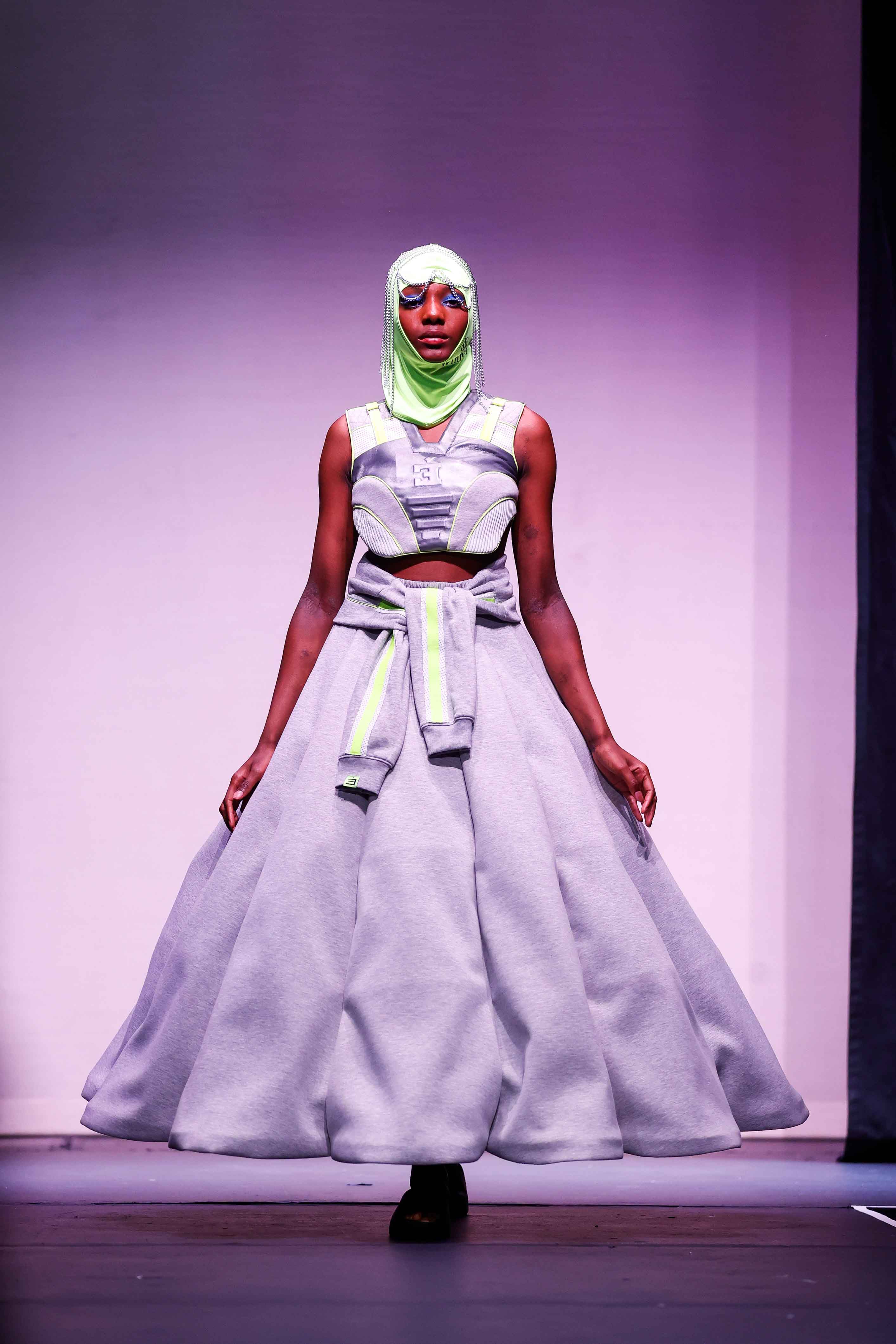 Student fashion design on the catwalk.Showing luxury streetwear.