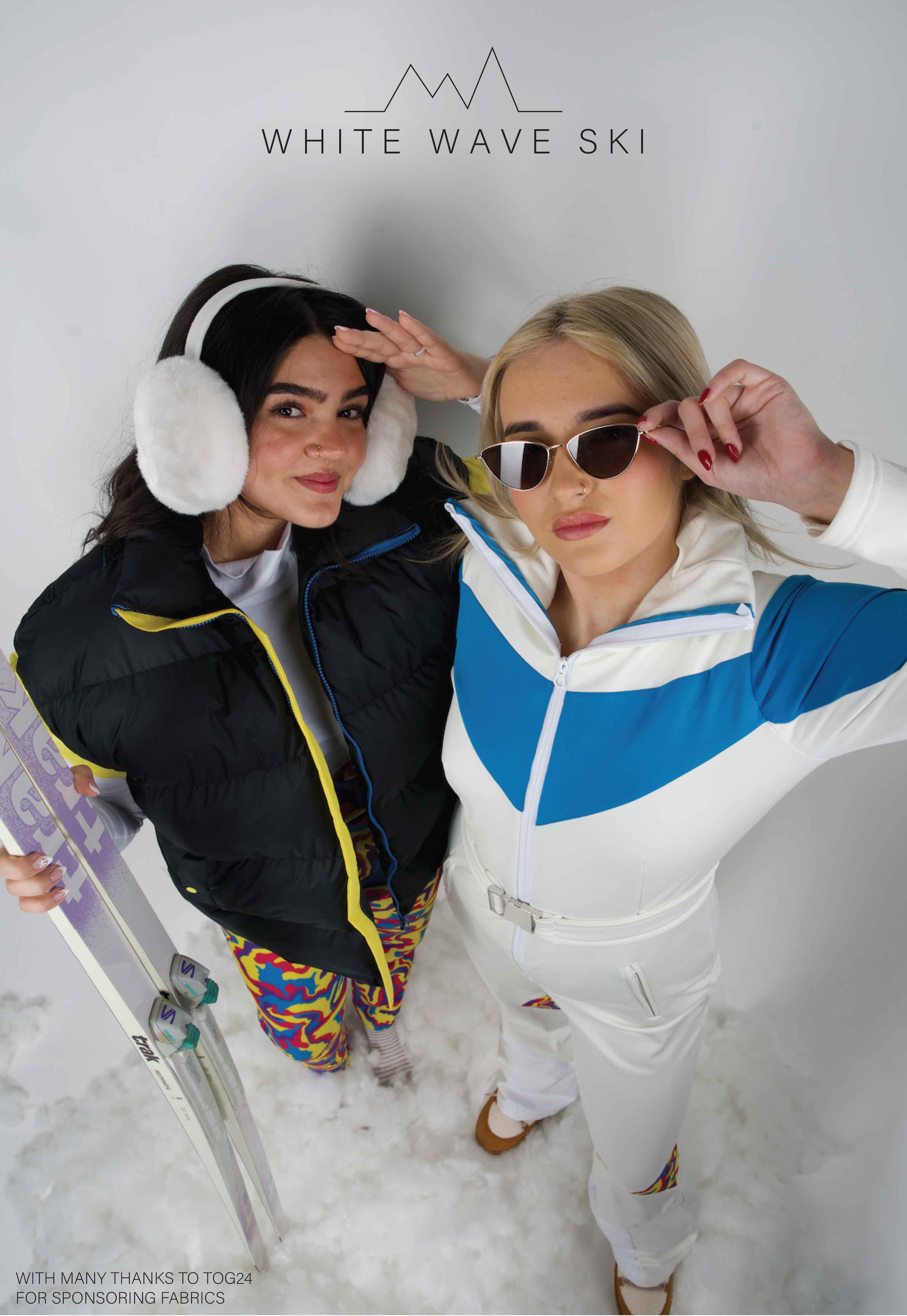 Student fashion design artwork with two models wearing ski equipment