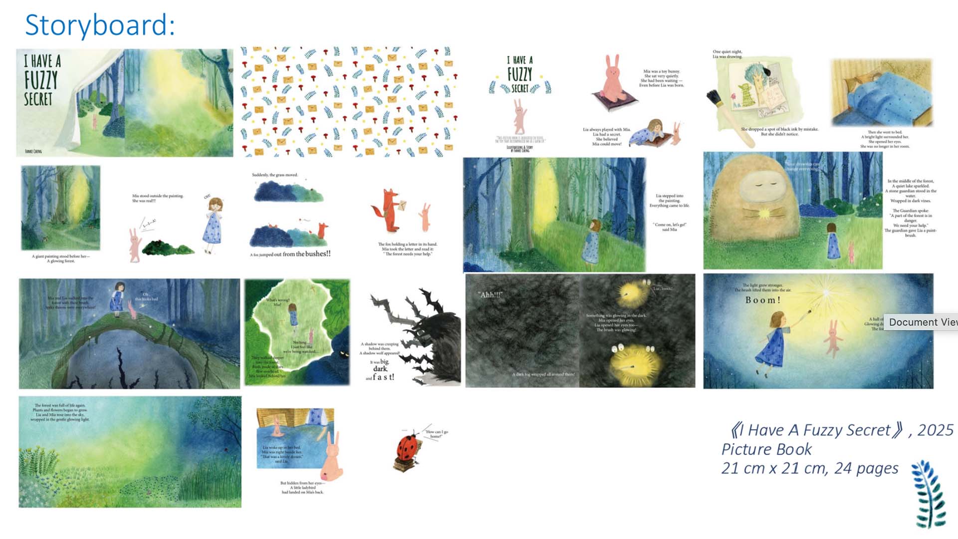 Student storyboard drawing for a children's book