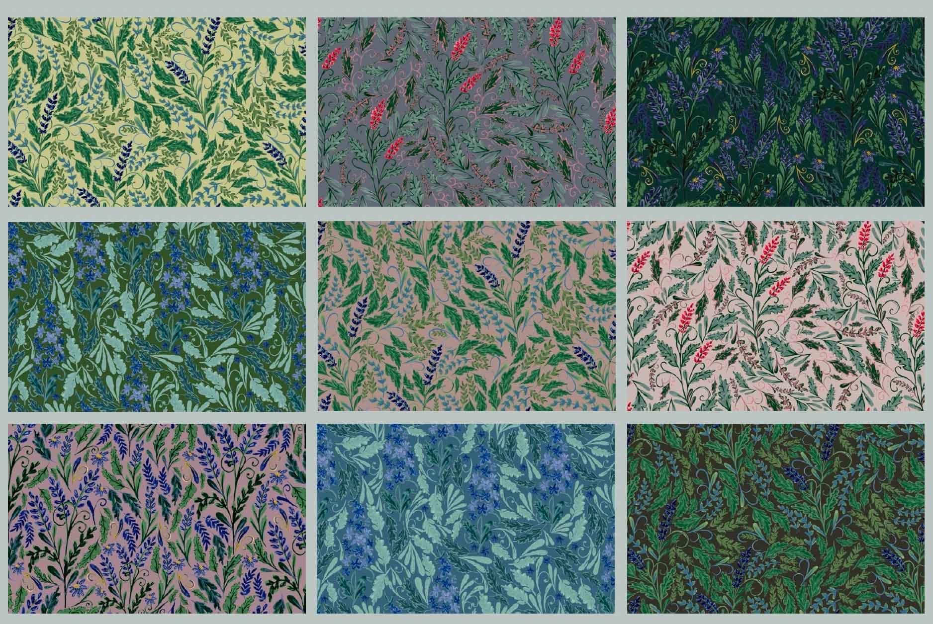 Student artwork of various flower patterns