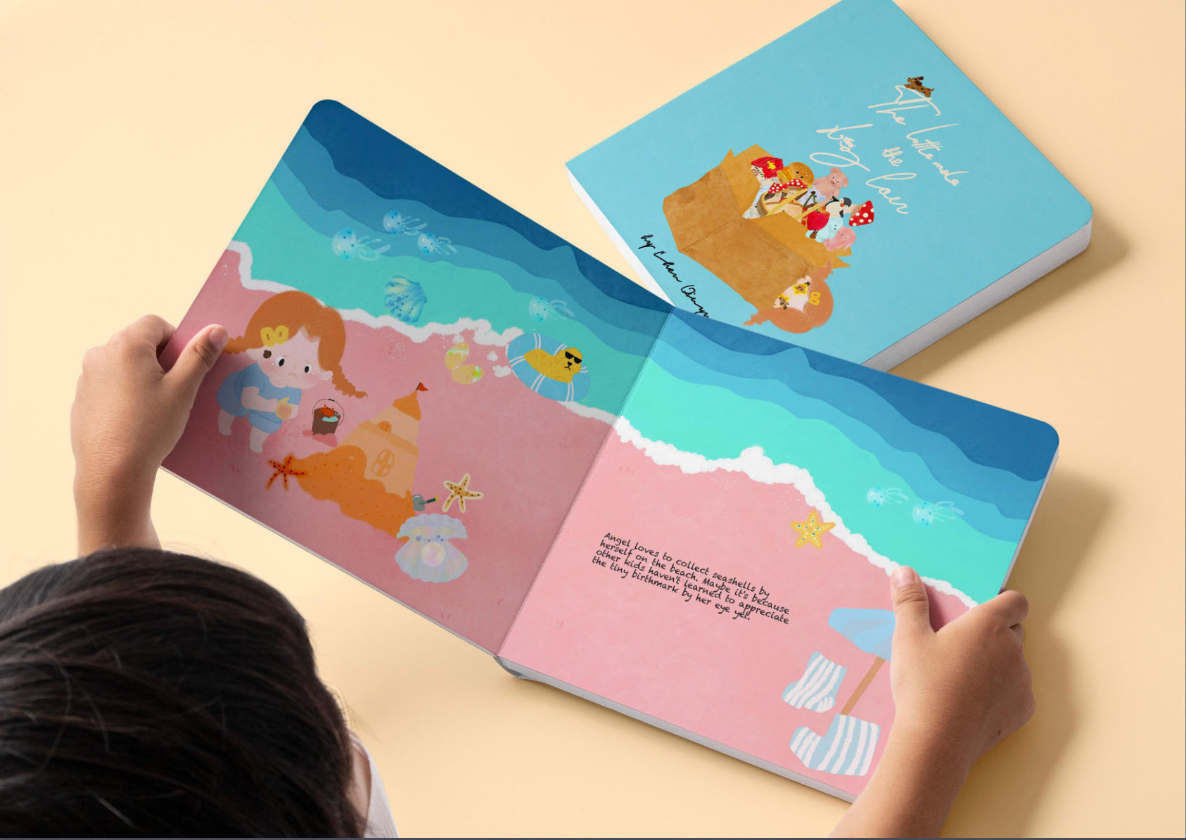 Student illustration featured in a childrens book, with bold colours and a beach scene