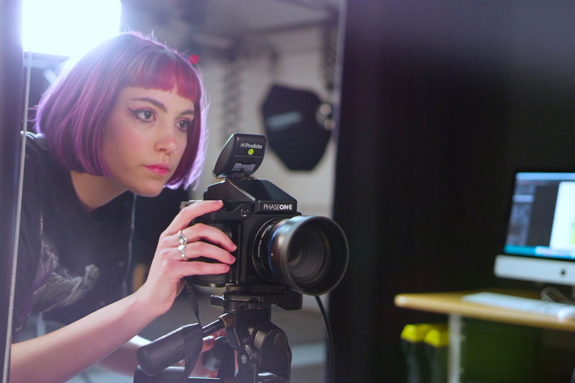 Photography student Holly Stephenson making use of the Phase One cameras in the Photography studios