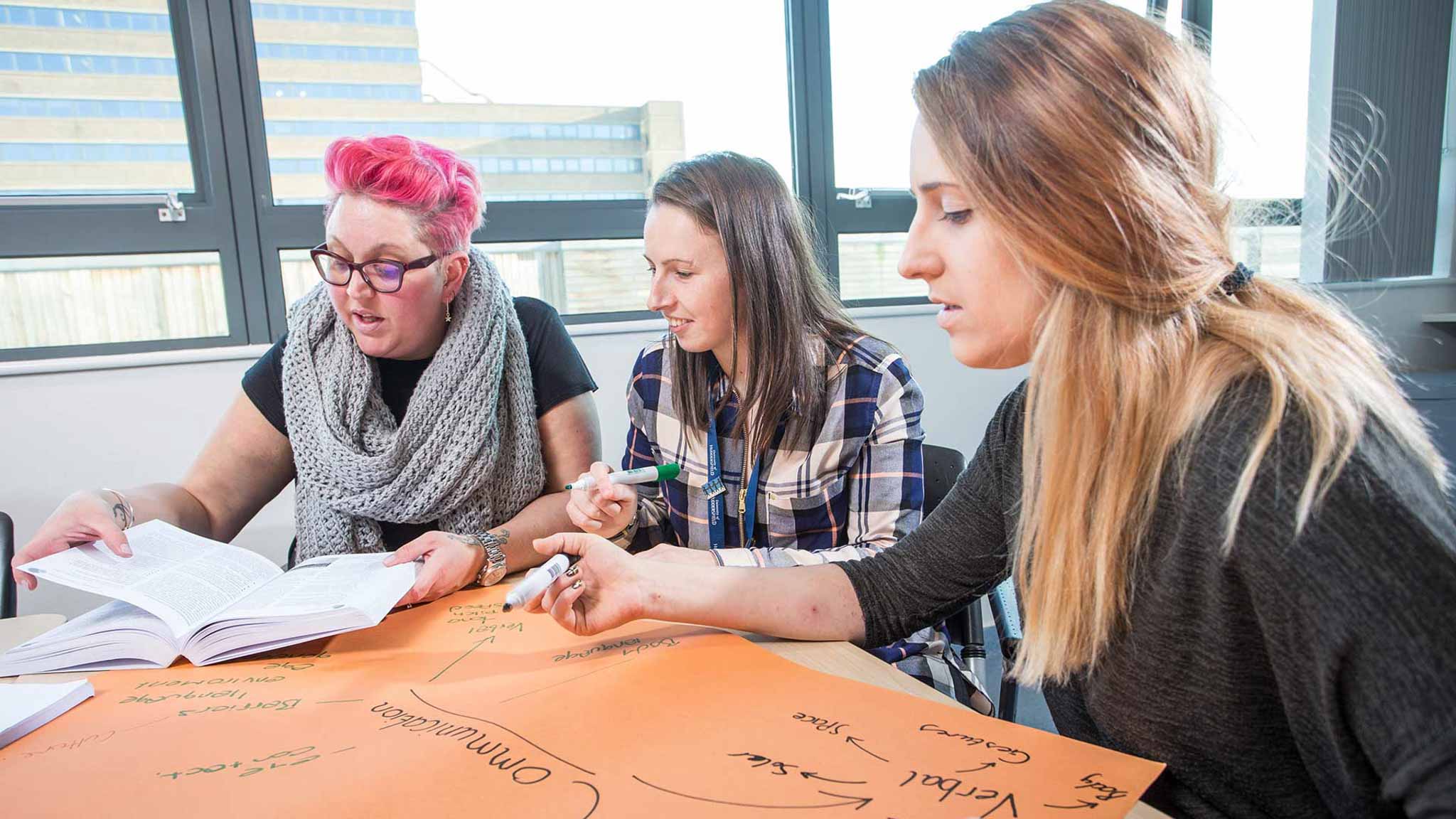 3 students discussing their course and working together